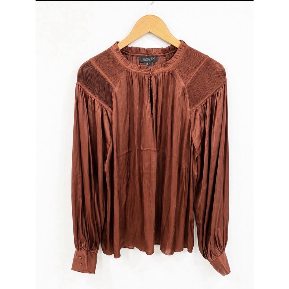 Rachel Zoe Blouse Womens XL chocolate Satin Long Sleeve Pleated Accents - Picture 7 of 7